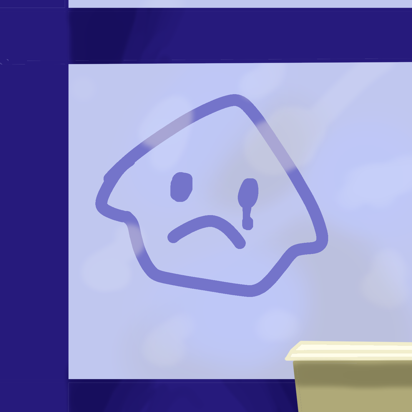 A drawing on a steamed windowsill of an squid with a frown, a cup of coffee almost out of frame to the left. A drop runs down from the steamed windowsill where the right eye is, giving the appearence of tears.